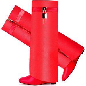 Women Faux Leather Red Pull-on Wedge Heel Knee Shark Padlock Design Boot